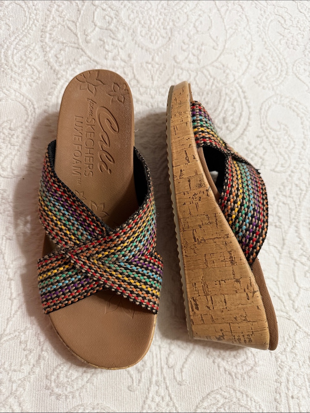Skechers Sandals Size 7.5M Multi‑Color Woven Cork Wedges